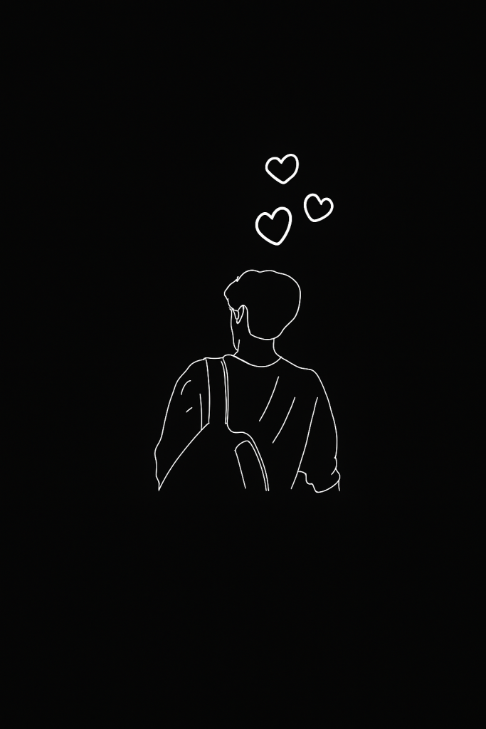 A black and white drawing of a person surrounded by floating hearts above their head