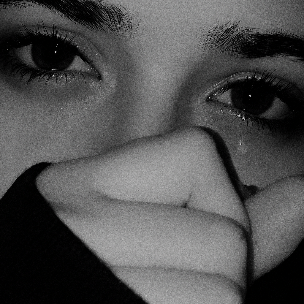 A black and white photo of a girl with tears in her eyes, conveying deep emotion and vulnerability