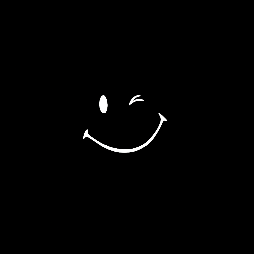 A black background featuring a simple yellow smiley face with two eyes and a broad smile