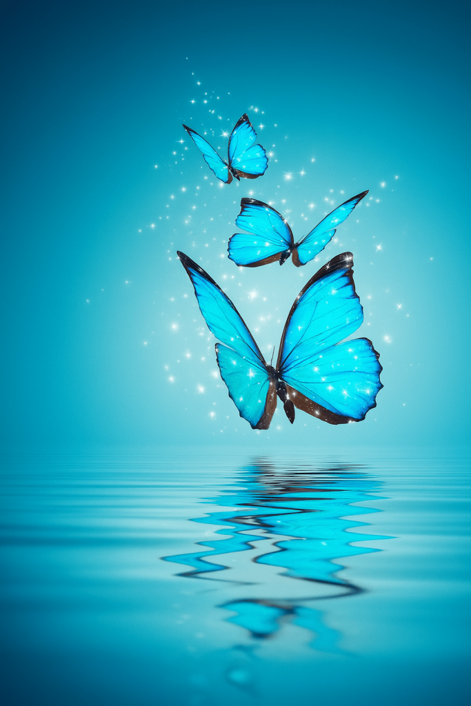A blue butterfly gracefully flies over water