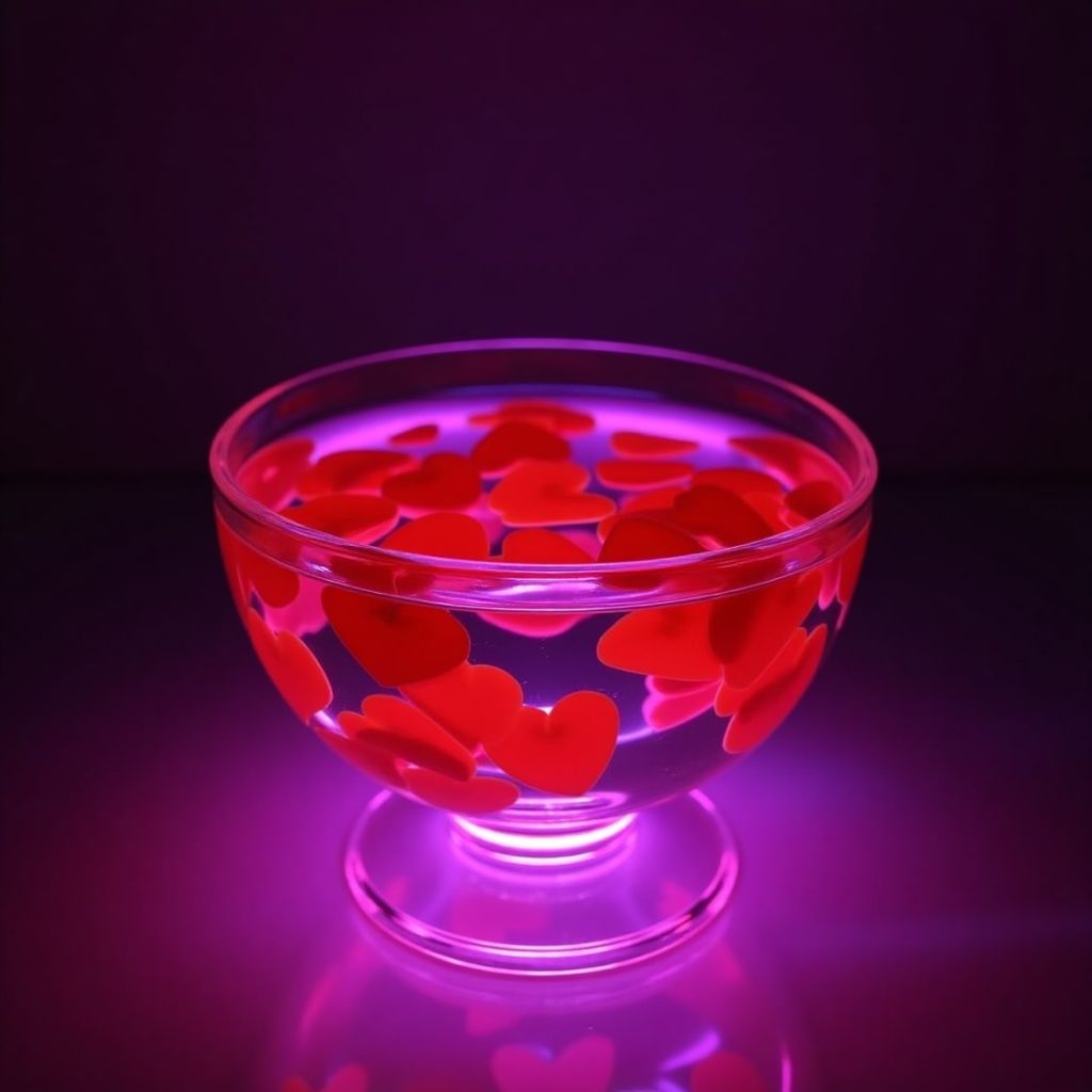 A bowl filled with vibrant red hearts resting on a dark surface