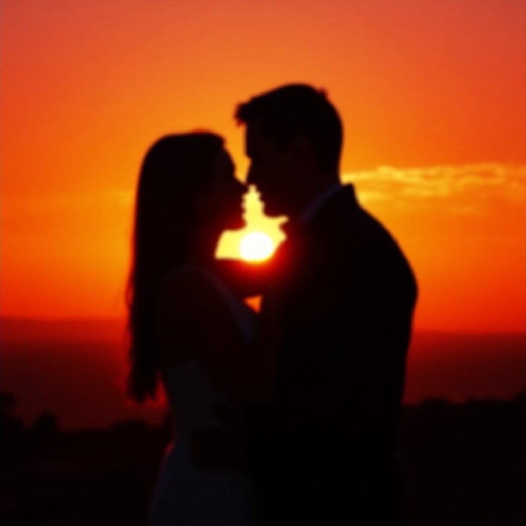 A bride and groom silhouetted against a vibrant sunset