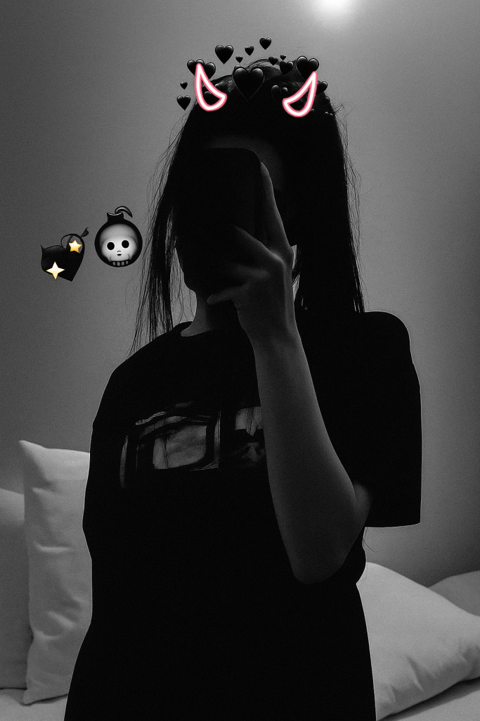 A girl with a devil headband smiles while taking a selfie