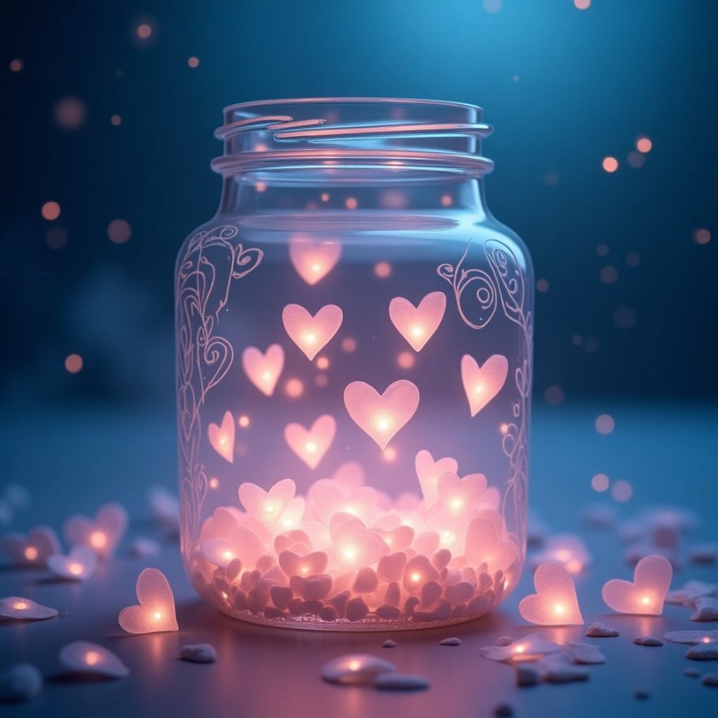 A jar filled with pink hearts and glowing lights, creating a warm and inviting ambiance