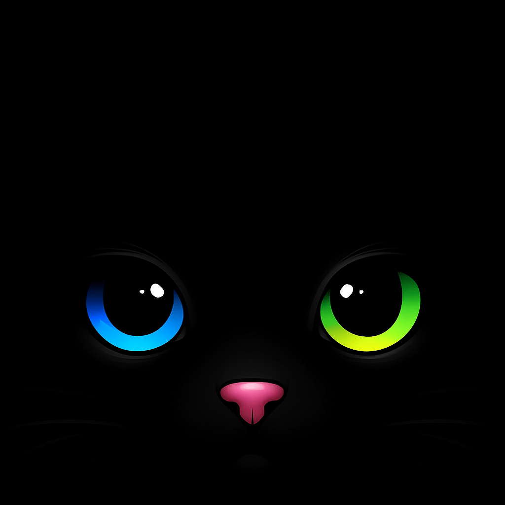 A sleek black cat with strikingly colorful eyes gazes intently at the viewer