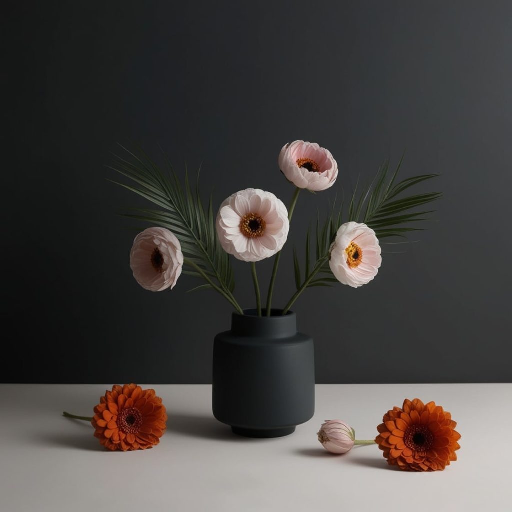 A vase filled with colorful flowers sits elegantly on a wooden table.-min