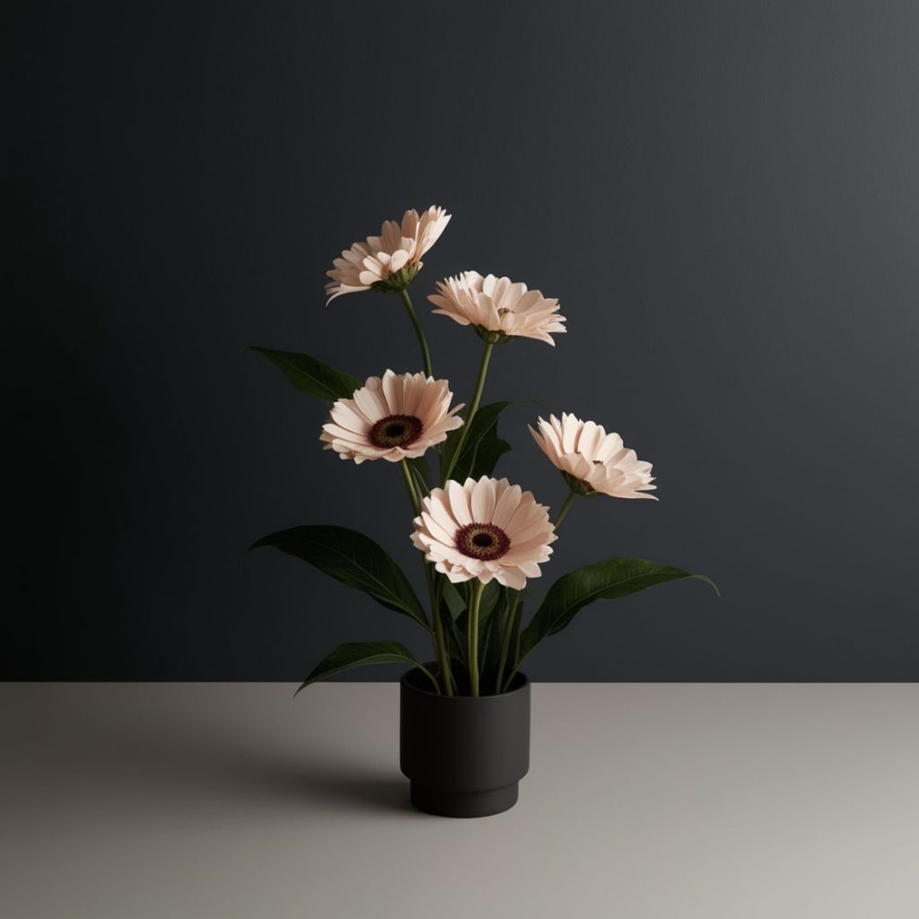 A vase filled with pink flowers sits elegantly on a wooden table-min
