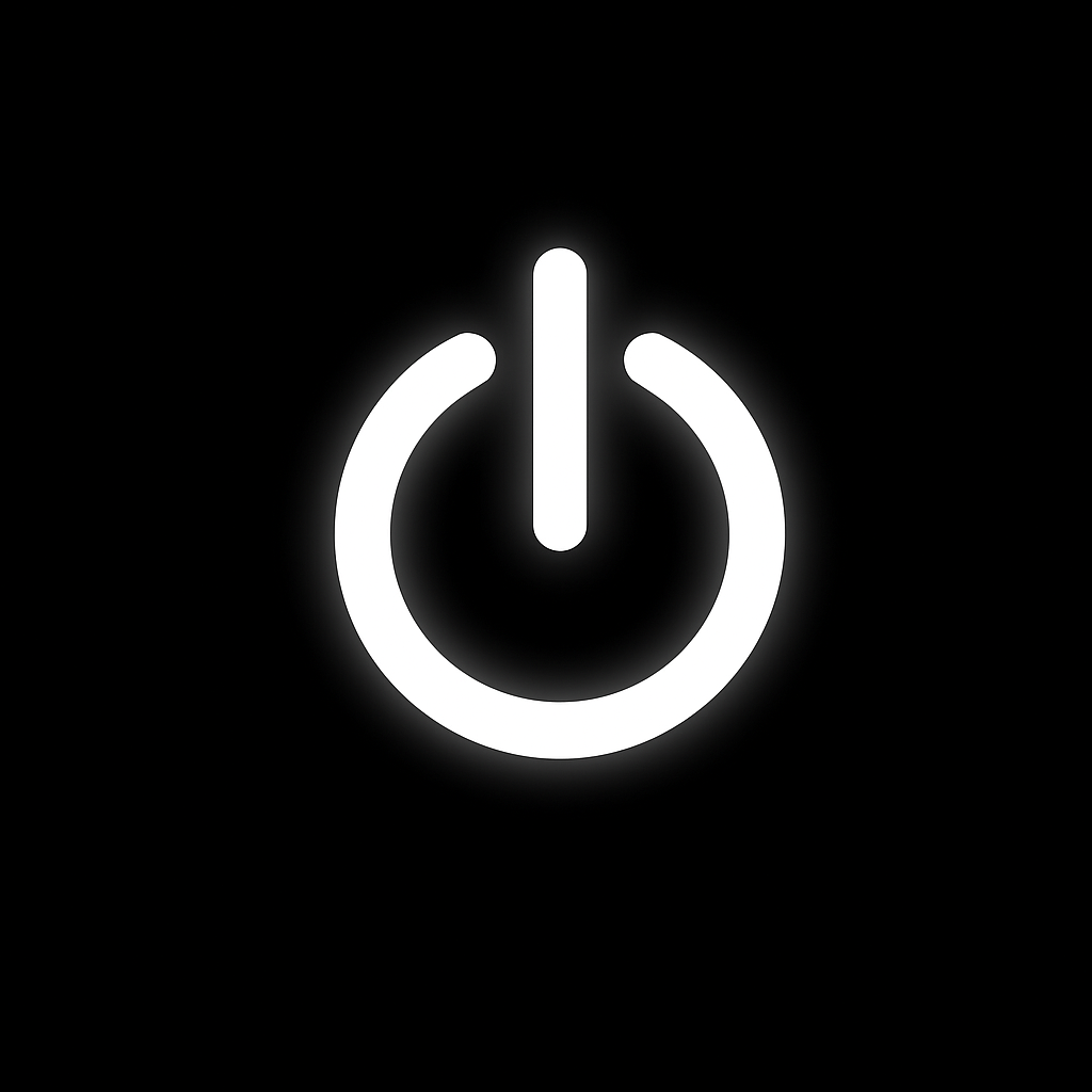 A white power button symbol on a solid black background