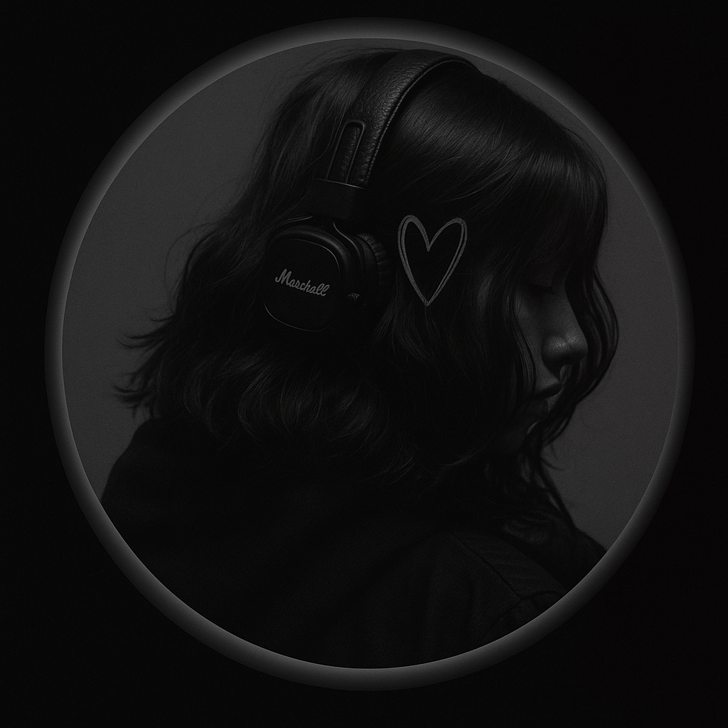 A woman with headphones has a heart drawn on her face, expressing joy and creativity