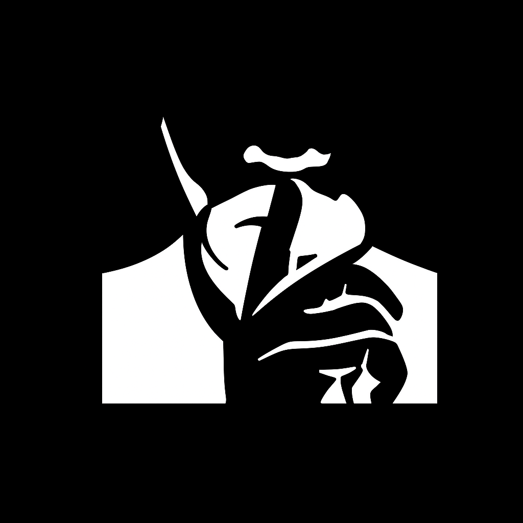 Black and white logo depicting a man with his hand on his mouth, suggesting silence or contemplation