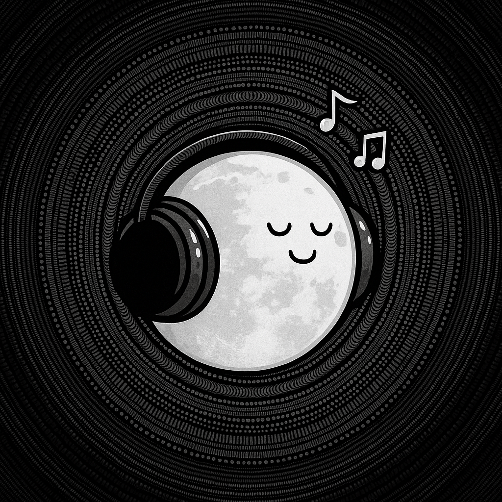 Cartoon moon wearing headphones surrounded by floating music notes