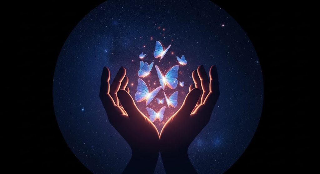Hands gently holding colorful butterflies against a dark sky backdrop