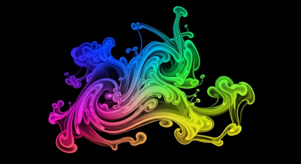 Rainbow-colored ink swirls on a black background