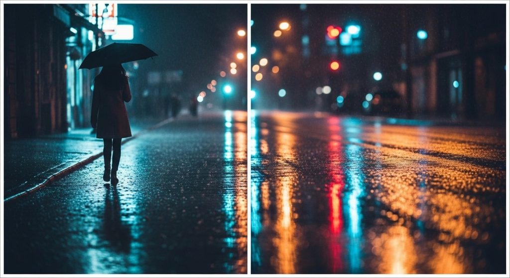 Two images of a woman walking in the rain at night