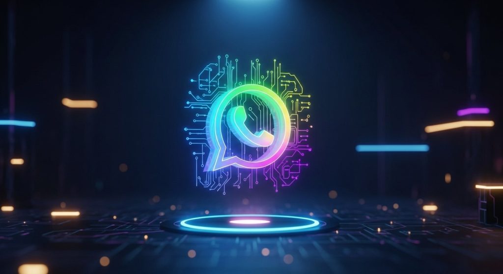 WhatsApp logo illuminated with vibrant neon lights against a dark background