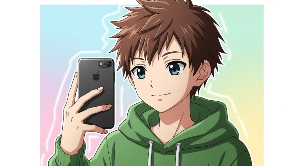 A boy with black hair is holding a cell phone