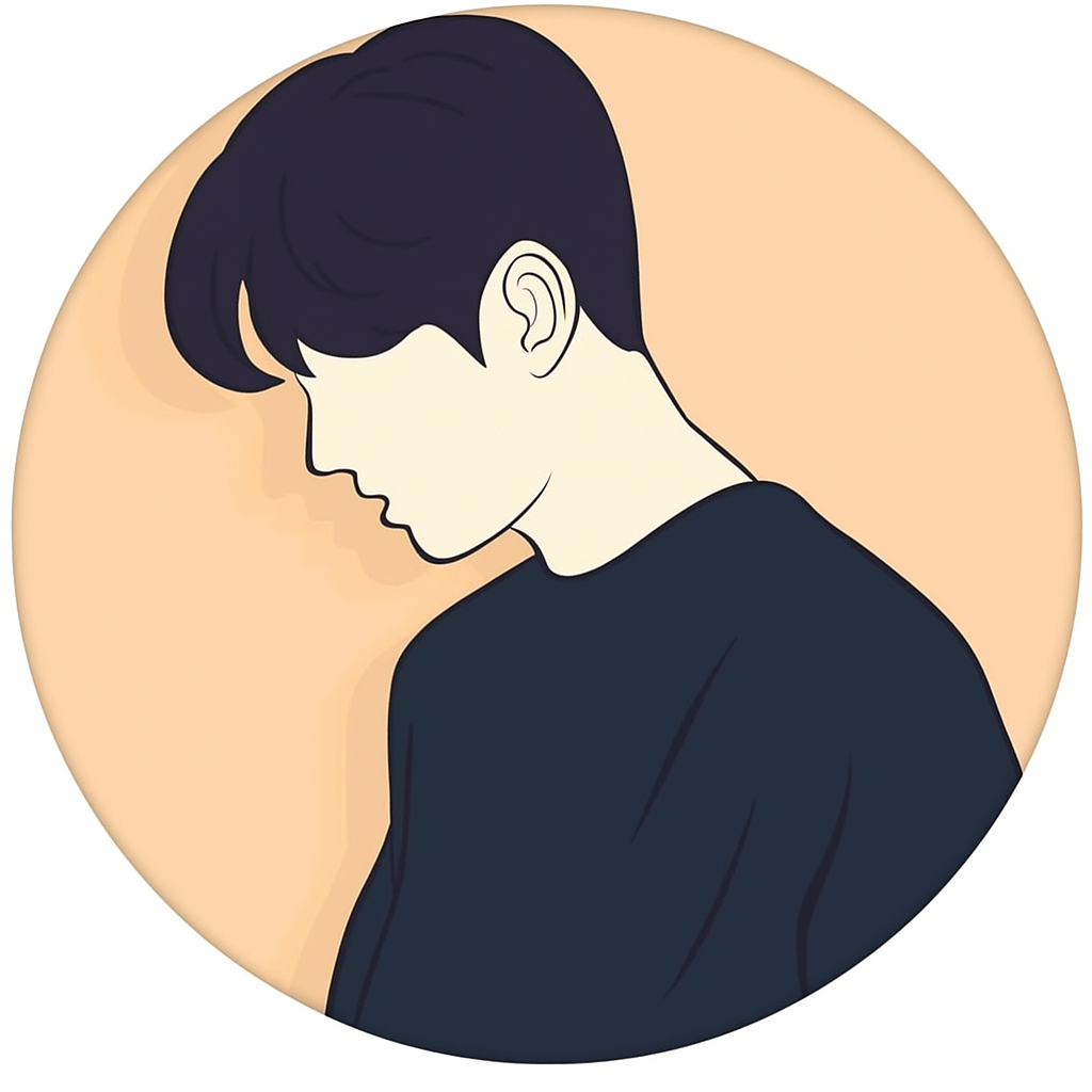 A man in a black shirt gazes downward