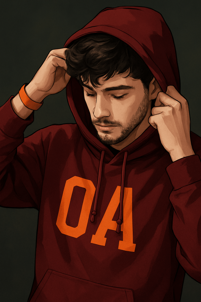 A man in a hoodie featuring the letters ao prominently displayed on the front