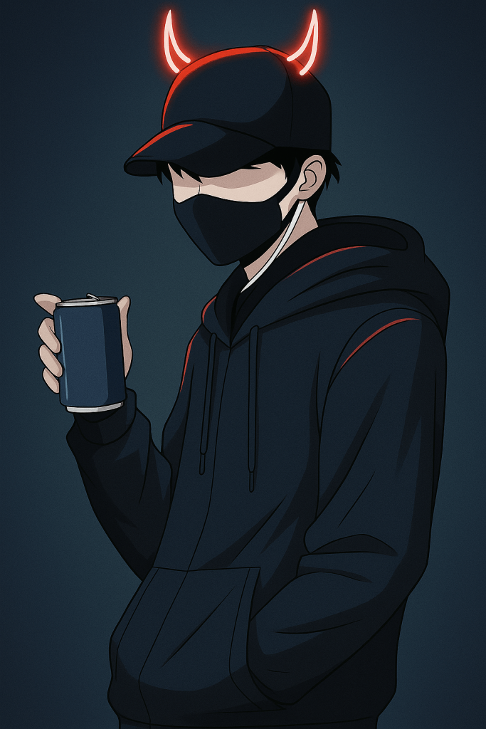 A man wearing a hoodie with horns holds a coffee cup