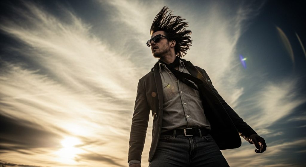 A man with a mohawk and sunglasses stands against a vibrant sunset