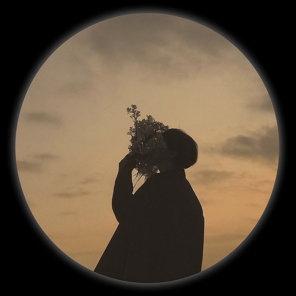 A person holds a vibrant bouquet of flowers against a colorful sunset backdrop