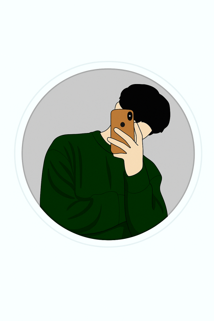 A sticker depicting a man holding a cell phone