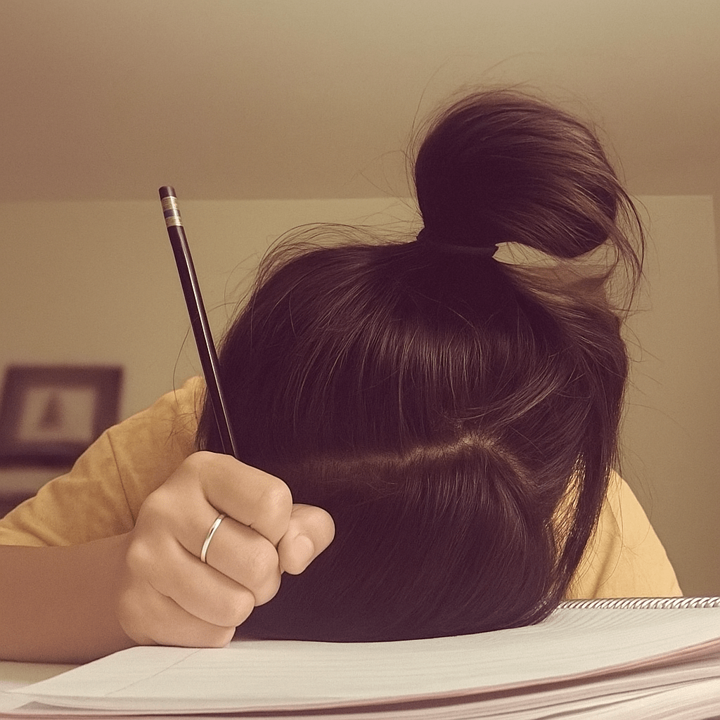 A woman rests her head on a desk