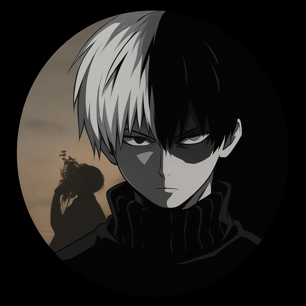 Anime boy with striking black and white hair