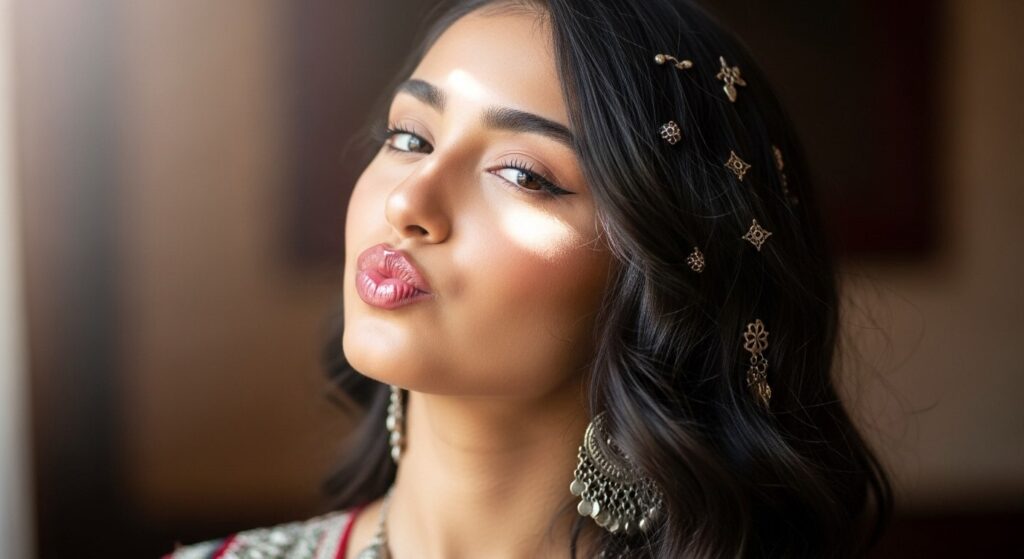 A beautiful young woman with long dark hair adorned in elegant jewelry