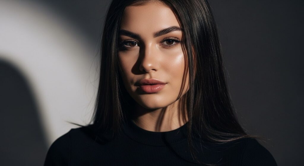 A beautiful young woman with long dark hair and deep skin tone