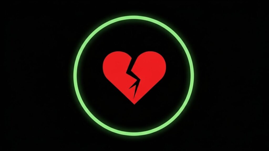 A broken heart symbol enclosed in a green circle