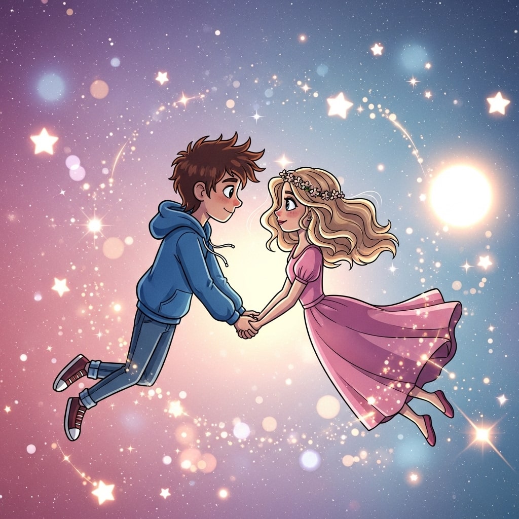 A cartoon couple floating in a starry sky