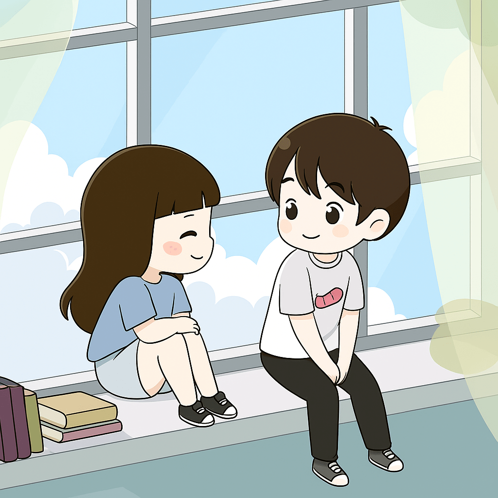 A cartoon couple happily sitting together on a window sill