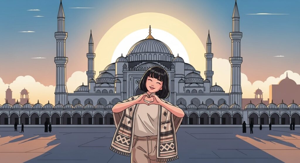 A cartoon girl stands smiling in front of a mosque