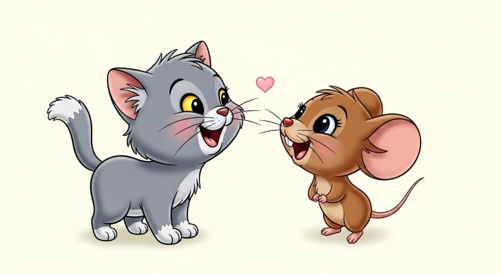 A cartoon mouse and cat stand side by side