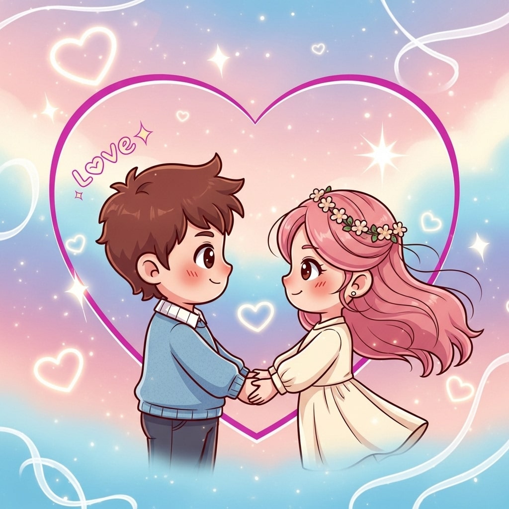 A couple holding hands in front of a large heart-shaped background