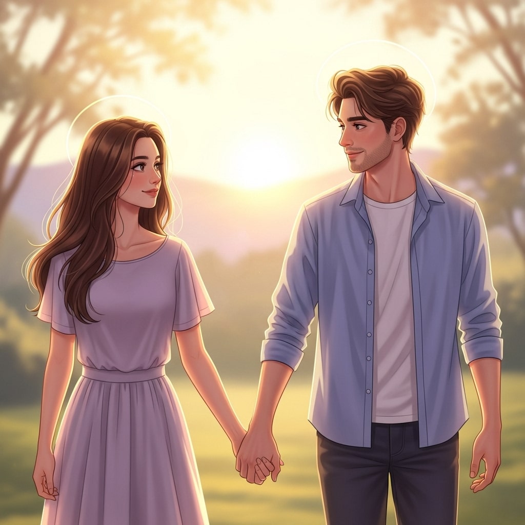 A couple holding hands while standing together in a lush green field under a clear blue sky