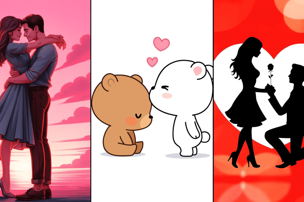 A couple shares a kiss while a bear embraces them