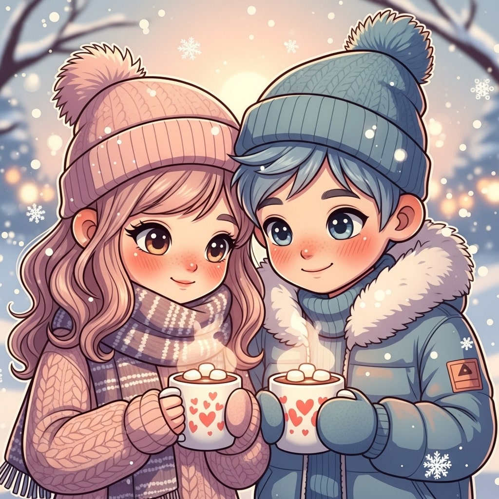 A cute couple in winter attire, smiling and holding steaming hot drink