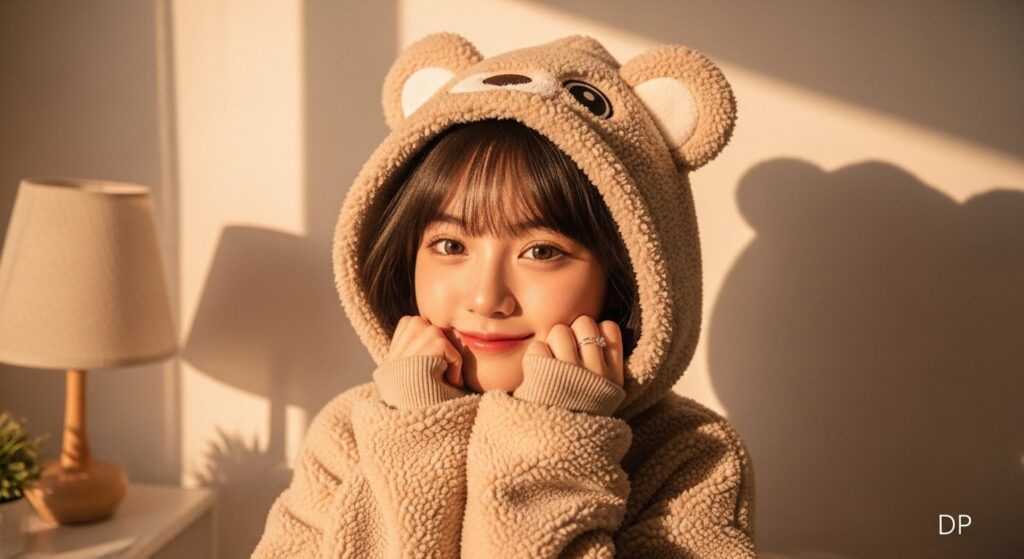 A girl dressed in a fluffy teddy bear costume