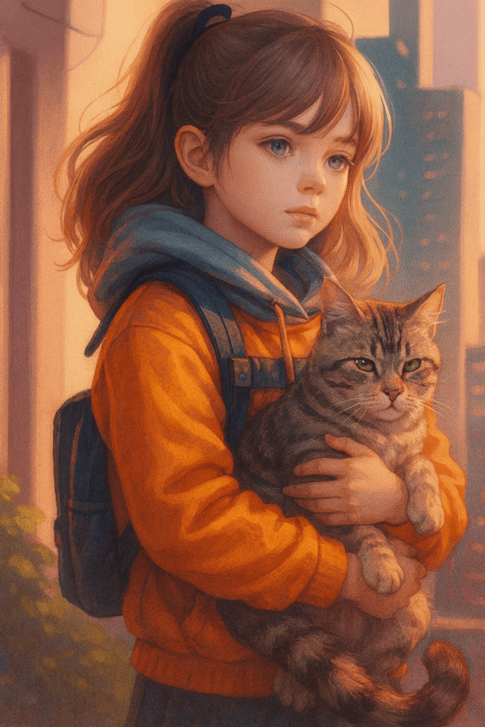 A girl holds a cat in front of a city skyline