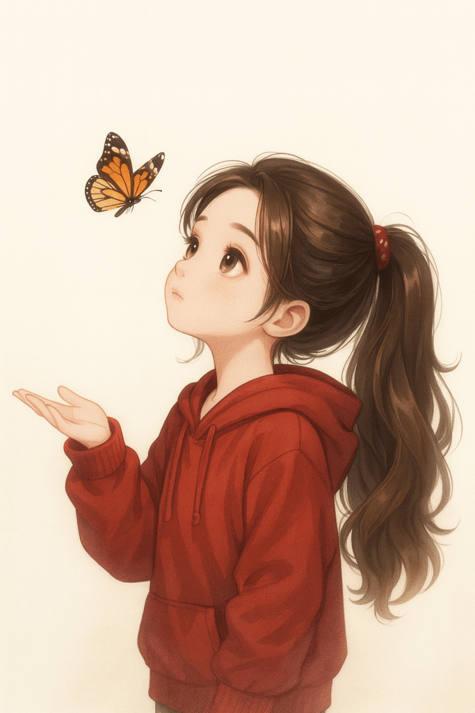 A girl in a red hoodie gazes at a butterfly perched nearby