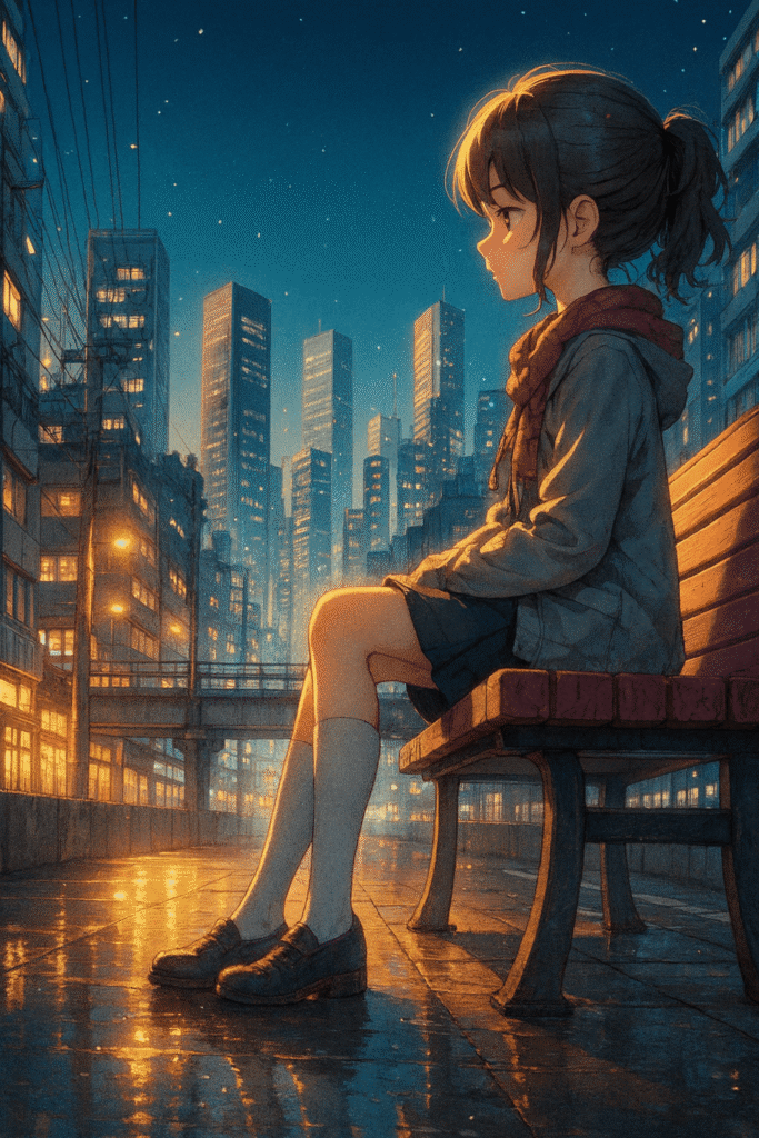 A girl sitting on a bench in the rain at night