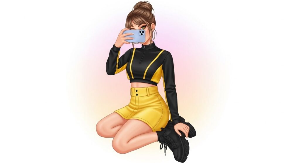 A girl wearing a black top and yellow skirt sits on the floor