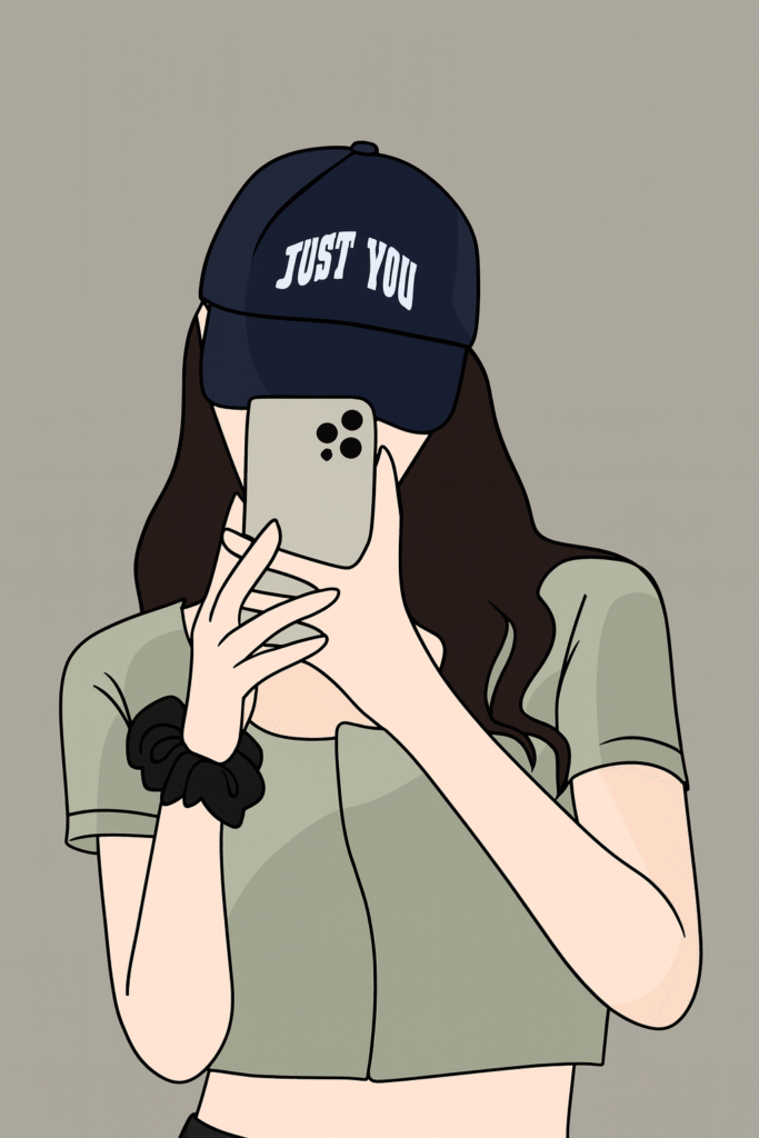 A girl wearing a hat that reads Just You in bold letters