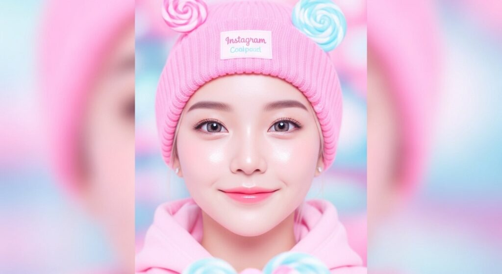 A girl wearing a pink hat holds a colorful lollipop