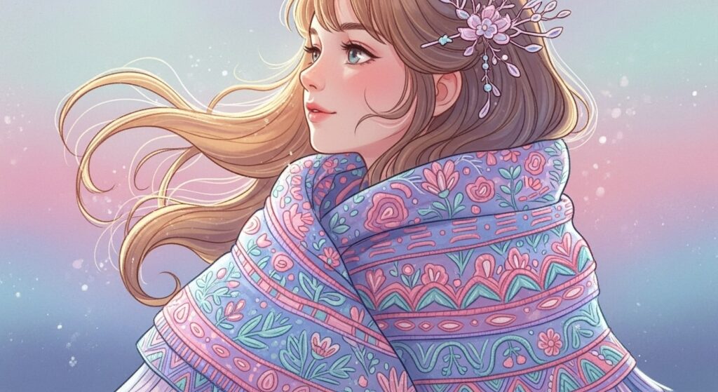 A girl wearing a scarf holds a flower