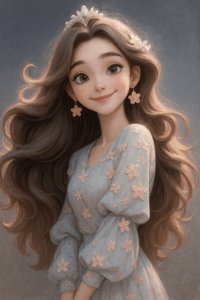A girl with long hair in a dress adorned with flowers
