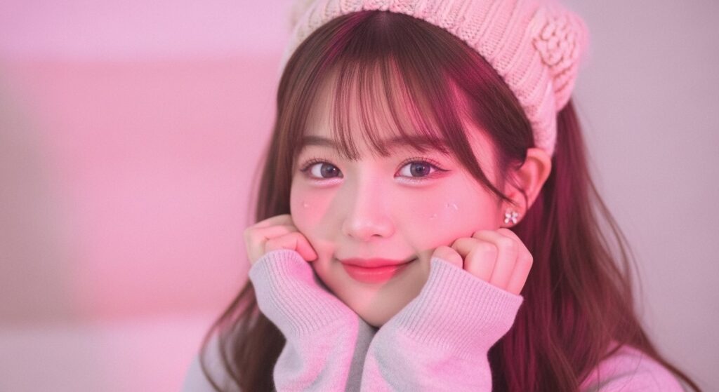 A girl with long hair wearing a pink hat