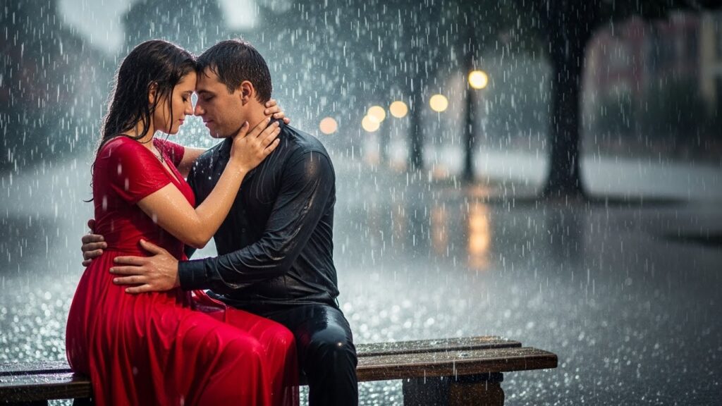 A man and woman in red sit on a bench
